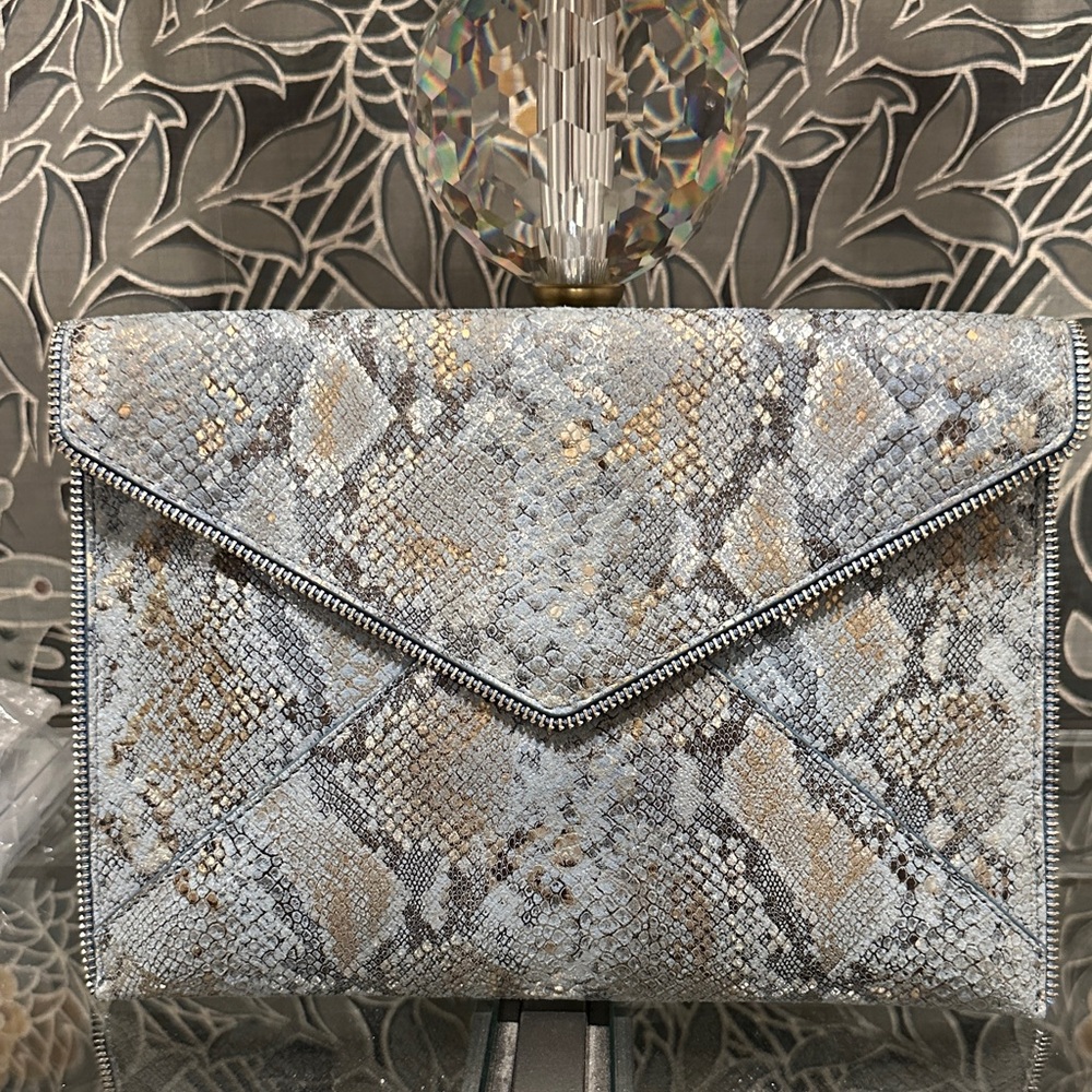 Rebecca Minkoff Gray and Tan Snakeskin Clutch